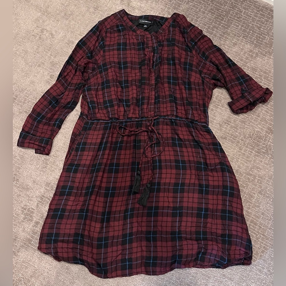 Lane Bryant Long/Rolled 3/4 Sleeve Dress Sz 24 Burgundy Plaid Drawstring Waist